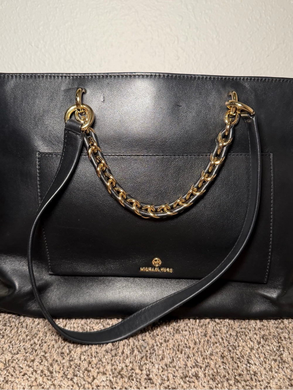 Michael Kors Black Leather Tote with Gold Chain Detail